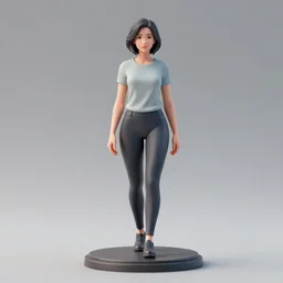 A long-shot from front, color studio photograph portrait of 80mm resin model figure of a woman warrior in sleeveless white shirt on the textured base, ambient lighting, 2004 photo from miniature shop website.