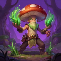 league of legends splash art illustration portrait of a champion that is a mushroom man that makes people hallucinate through grass, standing ready for combat, on a purple forest floor, digital art, artstation, art by chengwei pan