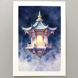 centered on watercolor paper, paint brush strokes, watercolor painting of a hovering miniature shrine, holy, enchanted, iridescent and ethereal at night, oriental fantasy art, in the style of noriyoshi ohrai