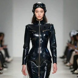 a digital portrait of a beautiful model girl detailed features wearing a pilot latex suit wedding dress - chic trend. lots of zippers, pockets, synthetic materials, jumpsuits. by balenciaga and issey miyake by ichiro tanida and mitsuo katsui