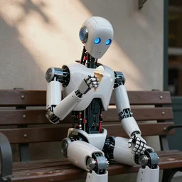 a robot sitting on a bench eating ice cream