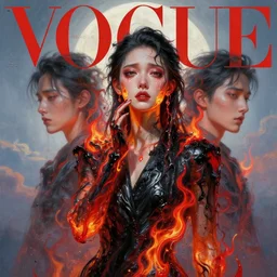 3 d, crying fashion model, flame, liquid black and red water, soft moon light, vogue cover style, poster art, high detail, intricate oil painting, multiple exposure, heaven mood, hyperrealism, 3 d, by tooth wu and wlop and beeple and greg rutkowski