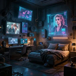 Interior of a cyberpunk bedroom cluttered with electronics, holograms, Wadim Kashin, Simon Stalenhag,  XF IQ4, f/1.4, ISO 200, 1/160s, 8K, RAW, featured in artstation, octane render, cinematic, elegant, intricate, 8k