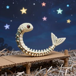 stop motion bipedal halloween eel snake skeleton fantasy mermaid with a fish bone body, on a handcrafted cardboard dock to look at the hand painted night sky full of glittery star stickers and glow in the dark star stickers over a sea of shredded paper, adorable, side profile, macro camera lens
