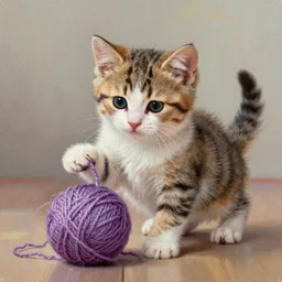 beautiful digital realistic painting of a cute kitten playing with a ball of yarn  painted by Alexander Jansson, colorful,4k unreal engine, Trending on artstation