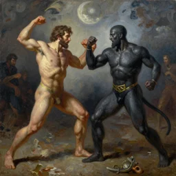 Dayman versus Nightman epic battle in 4k oil on canvas