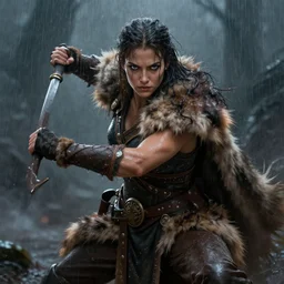 lagharta viking warrior woman beautiful, fighting pose, fur, wet, raining, close up, rim lighting, portrait, high fantasy atmospheric full body portrait hyper detailed symmetrical 8 k lighting. highly detailed painting by greg rutkowski, anime style
