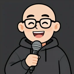 clip art of a man, balding, wearing glasses, big smile, wearing a hoodie, holding a microphone