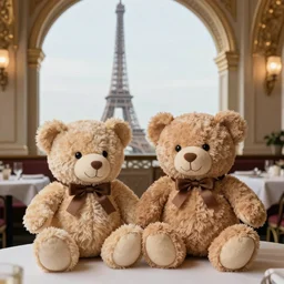 a couple of teddy bears in a fancy restaurant, with the eiffel tower in the background, realistic photo, well detailed, 8k