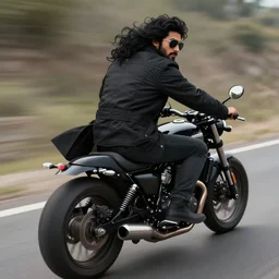 backview of a lone male biker, jet black tuffle coat, motorbike, aviator shades, long wild black curly hair, beard, black jeans, looking at the camera, riding on the road, smooth, sharp focus, highly detailed, fantasy, digital illustration, artstation