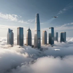 horizontal skyscrapers suspended in the air in the clouds, flying in the clouds, planes in the sky