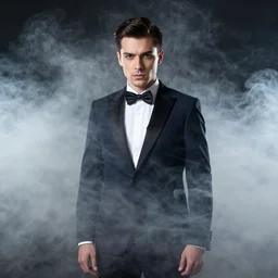 Man wearing classy tuxedo inside cloud of smoke, serious look, Canon EOS R3, details, f/1.4, ISO 200, 1/160s, 8K, RAW, unedited