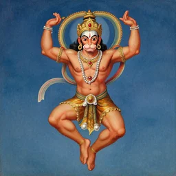a highly detailed portrait of a hanuman, leaping with arms up, in the style of malika favre.