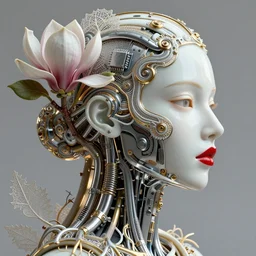complex 3d render ultra detailed of a beautiful porcelain profile woman face, mechanical cyborg, 150 mm, beautiful natural soft light, rim light, silver gold details, bloom magnolia big leaves and stems, roots, fine foliage lace, maze like, mesh wire, intricate details, hyperrealistic, ultra detailed, mandelbrot fractal, anatomical, red lips, white metal armor, facial muscles, cable wires, microchip, elegant, high fashion, octane render, H.R. Giger style, 8k