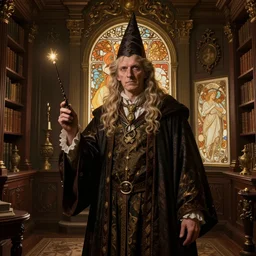 highly detailed portrait of a a wizard with a wand, library in the style of baroque, unreal engine, in the style of greg rutkowski and alphonse mucha, global illumination, detailed and intricate environment, mysterious, comfort, in the style of aetherpunk