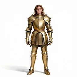jovial paladin in golden armor, photorealistic portrait photography, full body, standing, isolated on a pure white background, centered, whole figure in frame, sharp focus, studio lighting