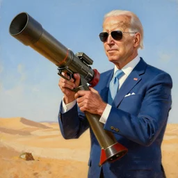 Joe Biden holding a rocket launcher in the desert, North Korean propaganda style oil painting, wearing sunglasses, epic