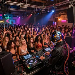 intricate detailed artwork of Daft Punk at an underground warehouse rave in Ibiza playing afro house music using dj controller to thousands of beautiful female ravers, in the style of Geof Darrow, no hair, vr sunglasses, beard, wires, speakers, neon