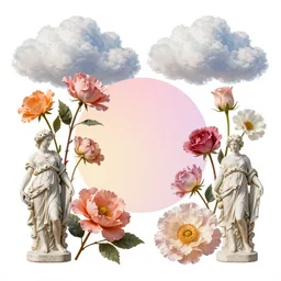 carefully isolated vintage flowers, classical sculptures, hand painted fluffy clouds, pastel gradients, beautiful textures, compositions, collages