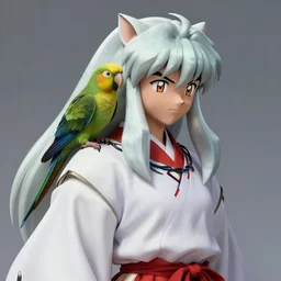 inuyasha, parrot sitting on shoulder, 8 k, from waist up, fantasy, smooth, subtle shadows, fine details, photorealism, hyper realism, octane render, stunning, intricate, elegant, highly detailed, digital painting, artstation, smooth, sharp focus, raw, art by hokusai katsushika