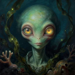 a close - up rococo portrait of an alien with giant glowing eyes. surrounded by seaweed, coral, and sea life, 1 8 th century painting by jean - honore fragonard and moebius. fireflies, night time. gloomy blue green underwater environment, blurry organic dark background. sci - fi fantasy renaissance masterpiece. artstation