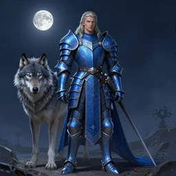 Fantasy barvarian wearing an intricate azure armor, Wolf companion by their side, moonlit, HD, illustration, epic, D&D, fantasy, intricate, elegant, highly detailed, digital painting, artstation, concept art, smooth, sharp focus, illustration, art by artgerm and greg rutkowski and alphonse mucha