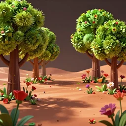 low poly, pixar, trees on mars, nostalgia for a fairytale, magic realism, flowerpunk, mysterious vivid colors by andy kehoe and amanda clarke en un mundo de Gediminas Pranckevicius y Shamsia Hassani