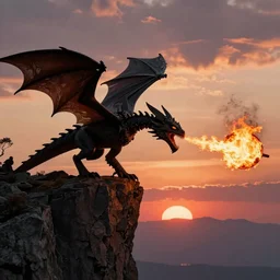 silhouette of drogon from game of thrones perched at the edge of a steep cliff, closely examining a target it is about to breathe fire on, intricate, very detailed, just after sunset, vibrant sunset clouds, translucent wings, mouth of drogon open, 4K, telephoto lens