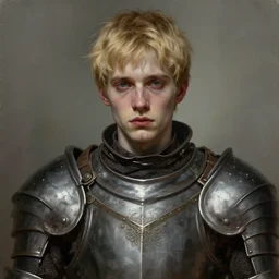 portrait painting of a young melancholic man with a soft face and short light blonde hair wearing armor, ultra realistic, concept art, intricate details, eerie, highly detailed, photorealistic, octane render, 8 k, unreal engine. art by artgerm and greg rutkowski and charlie bowater and magali villeneuve and alphonse mucha