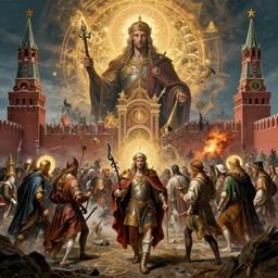 kremlin apocalypse by jheronimus bosch, armageddon, hyper realistic, sharp focus, depth of field, hyper detailed visionary art, symmetric, magic symbols, holy halo, dramatic ambient lighting, high detail, vibrant colors,