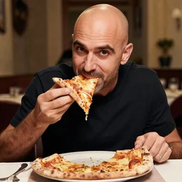 bald italian riccardo tinchelli eating pizza