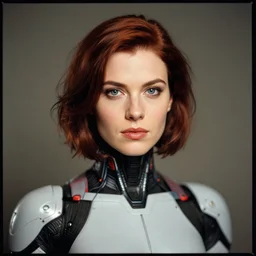 a portrait of a single female android, by MARVEL comics and Sandra Chevrier, pinhole camera