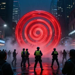 policemen protect a huge red spiral - shaped luminous object right in the center of the city from protesting people, night, rain and light fog, professional lighting, concept art in 3 d, high detail, professional lighting