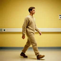 7 0 s movie still of a man made of wool walking in a hospital with yellow wall, cinestill 8 0 0 t 3 5 mm eastmancolor, heavy grain, high quality, high detail