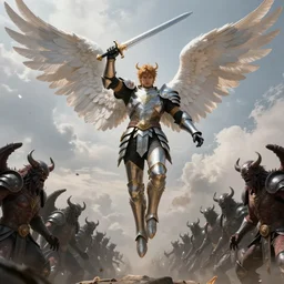 male angel warrior in plate armor with big white wings, wielding a sword, descending from the sky prepared to battle, flanked by an army of demons
