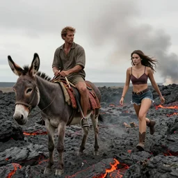 man riding a donkey in lava chased by pretty woman