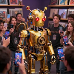 photo of a press conference of a golden and blue metal sad humanoid steampunk robots with gears and tubes, surrounded by many people with smartphones, eyes are glowing red lightbulbs, shiny crisp finish, 3 d render, 8 k, insaneley detailed, fluorescent colors, background is in a record store,