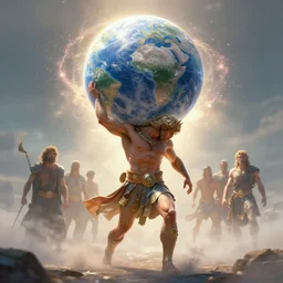 full body shot of atlas the greek god carrying the globe on his back, particle effects, ethereal, dreamy, backlit, highly detailed, soft ambient lighting, sharp focus, rule of thirds, epic, masterpiece, digital art, artgerm, wlop, arney freytag, rossdraws, frank frazetta, andrei riabovitchev, hd, octane, 4 k