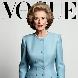 margaret thatcher themed fashion photoshoot, fashion magazine, vogue, professional photography, volumetric lighting, high quality detail