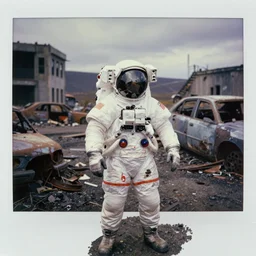 american white spacesuit astronaut in postapocalyptic abandoned destroyed crater, wrecked buildings, destroyed flipped wrecked cars, polaroid photo, vintage, neutral colors, rainy day, by gregory crewdson