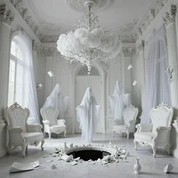 Gothic baroque white room furnished with baroque furniture made of white porcelain and white veils, an intricate chandelier of blown branches forming a cloud, and shattering white porcelain objects,  a trap door in the floor is the passage to another dimension, beautiful white ghosts with long robes and intricate white jewels float in the room. trending on artstation