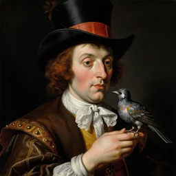 a baroque close - up portrait painting of a whimsical magician holding a bird. circus atmosphere, black background. highly detailed science fiction painting by norman rockwell, moebius, frank frazetta, and syd mead. high contrast. renaissance masterpiece. artstation
