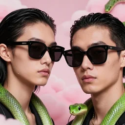 close - up, two fashion models in sunglasses, pink clouds background, green snakes, hyper detailed, photo realistic, vouge style photo, drops of clean water, artwork by tooth wu and wlop and beeple and greg rutkowski