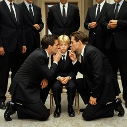 a medium shot photograph of a blonde boy wearing black suits, sitting in the middle of a hall which fills with mafia men, looking at the adult men kneeing before him kissing his hand, 2000s, italy.