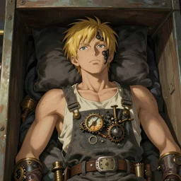 portrait of a mechanic lying in her cramped bunk, blonde, tank top, overalls, steampunk, richly defined face, highly detailed, cel shading, digital painting, anime key visual, artwork by ilya kuvshinov and hayao miyazaki and alphonse mucha