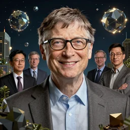 highly detailed vfx portrait of bill gates, geometric polygons, global illumination, detailed and intricate environment by james jean, liam brazier, victo ngai and tristan eaton