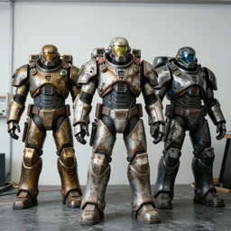 photo taken of an epic intricate, ultra detailed, super realistic gritty, hero prop, exquisitely weathered very bulky fallout 4 power armour suits movie prop replica's in a row in the workshop, created by weta workshop, full body shot, photorealistic, sharp focus, white wall, cold colour temperture, golden ratio