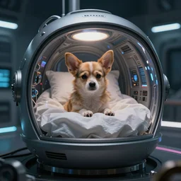 little dog inside a hypersleep pod inside a cyberpunk spaceship