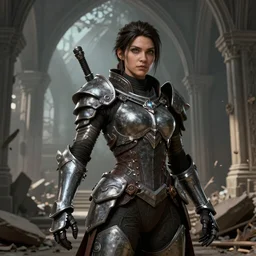 hyper detailed ultra sharp full body character portrait of a woman wearing hextech armor standing in a destroyed church, in the style of arcane tv show, muted colors, hyper realistic, very highly detailed, action pose, cinematic lighting, good value control, realistic face details, realistically rendered eyes, photorealistic eyes, smooth, 3 d cgi, cgi, realistic shading, john singer sargent
