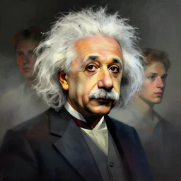 portrait of a einstein, colorful, modern art deco, mads berg, karolis strautniekas, christopher balaskas, stippled light, fog, moody, fine texture, editorial illustration, dramatic lighting, dynamic composition, detailed, matte print, dynamic perspective, muted color